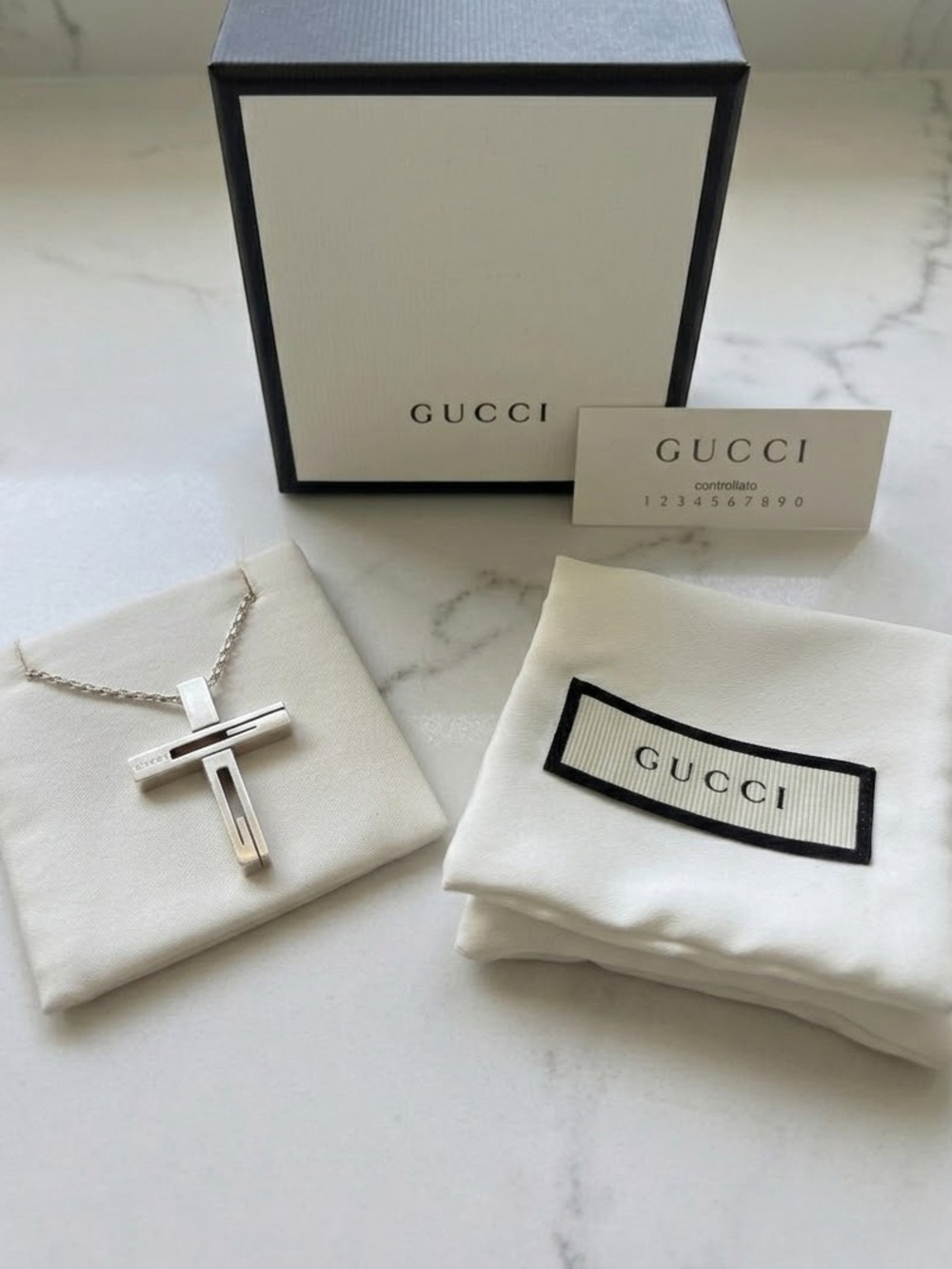 GUCCI Sterling Silver 925 Cutout Cross Pendant Necklace w/ Box & Card